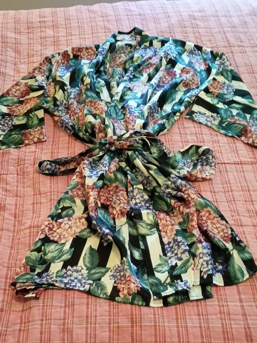 Floral Satin Wrap Robe in Green and Pink